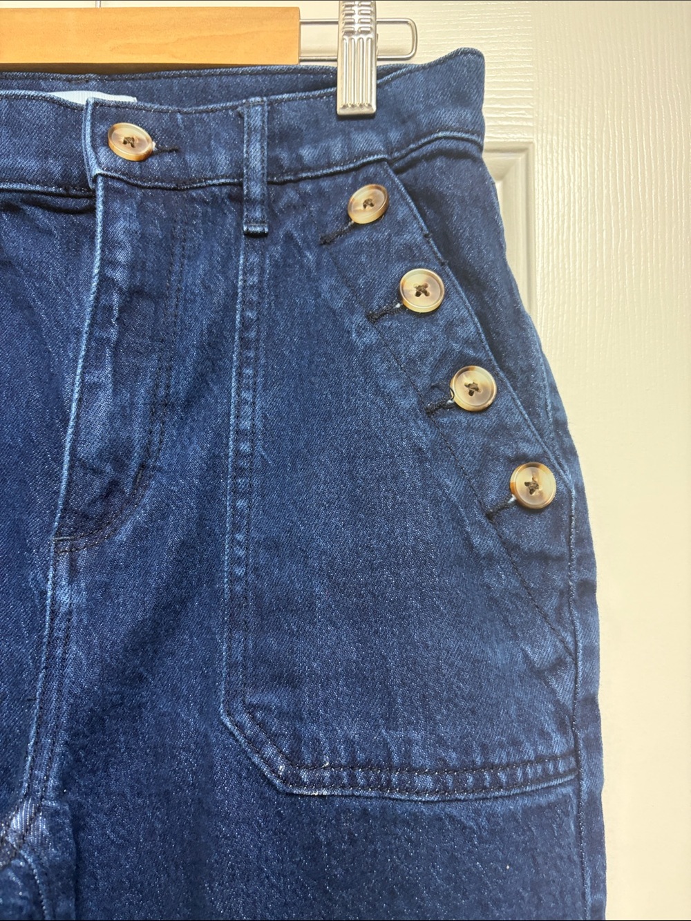 LOFT Button-Accent Dark Blue Denim High-Waist Pants - Picture 2 of 5